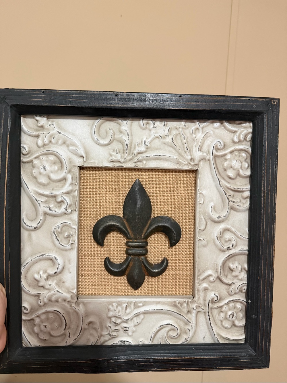 Black Fleur-de-Lis Wall Accent with Distressed White Frame